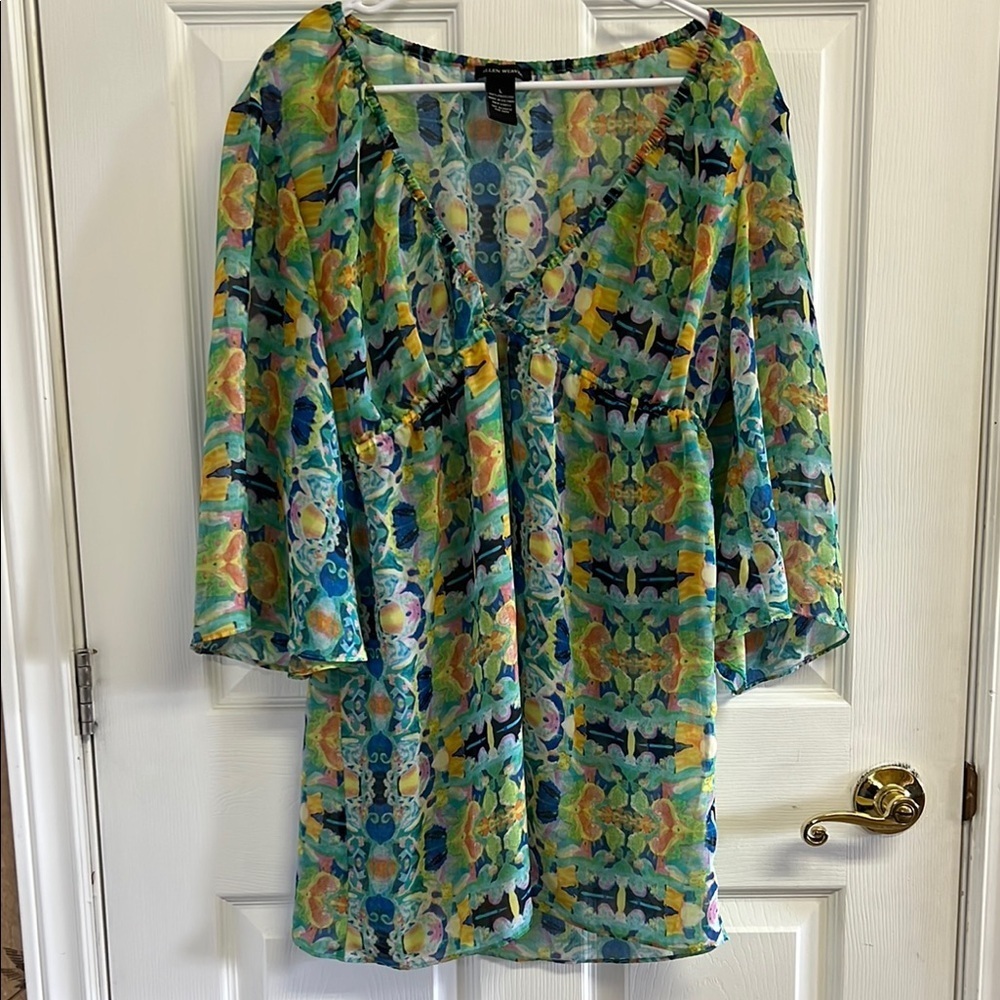 Ellen Weaver Sheer Colorful Floral Tunic Dress